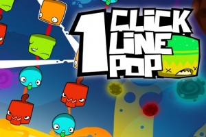 Renkli küpler ve karakterlerle dolu, 1 Click Line Pop başlıklı renkli bir arka plan
