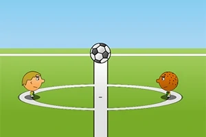 Yeşil bir saha üzerinde, ortada bir futbol topu ve karşılıklı duran iki basit çizimli karakter