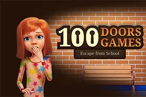 Kızıl saçlı bir kız, tuğla duvar önünde eli ağzında düşünceli duruyor; yanında 100 Doors Games ve Escape from School yazılı pankart yer alıyor