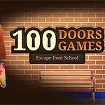 Kızıl saçlı bir kız, tuğla duvar önünde eli ağzında düşünceli duruyor; yanında 100 Doors Games ve Escape from School yazılı pankart yer alıyor