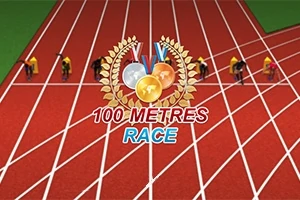 Kırmızı bir koşu pistinde başlama pozisyonunda hazır olan sporcular ve üstte madalya simgeleriyle 100 Metres Race yazısı
