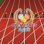Kırmızı bir koşu pistinde başlama pozisyonunda hazır olan sporcular ve üstte madalya simgeleriyle 100 Metres Race yazısı