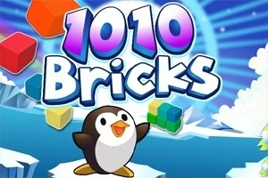 Üstte büyük pembe ve mavi yazıyla 1010 Bricks yazısı bulunan, altta kutu şeklinde blokları tutan sevimli bir penguenin olduğu renkli görüntü