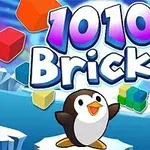 Üstte büyük pembe ve mavi yazıyla 1010 Bricks yazısı bulunan, altta kutu şeklinde blokları tutan sevimli bir penguenin olduğu renkli görüntü