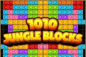 Renkli bloklarla dolu bir arka plan üzerinde büyük ve parlak harflerle yazılmış 1010 Jungle Blocks yazısı