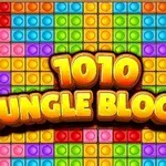 Renkli bloklarla dolu bir arka plan üzerinde büyük ve parlak harflerle yazılmış 1010 Jungle Blocks yazısı