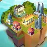 Gökyüzünde yüzen bir adada çeşitli modern ve klasik binalar