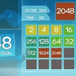 2048 sayısının büyük yazıldığı ve sayılarla dolu bir kutu ızgarası bulunan dijital oyun ekranı