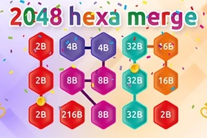 Renkli altıgenler üzerinde sayılar ve 2048 hexa merge yazısı bulunan bir grafik
