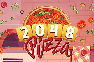 Domates ve biberlerle süslenmiş pizza önünde 2048 yazısı ve kırmızı Pizza logosu