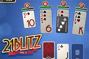 Mavi arka plan üzerinde 21 Blitz oyun kartları ve puan göstergeleri