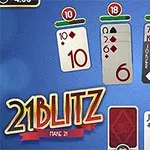 Mavi arka plan üzerinde 21 Blitz oyun kartları ve puan göstergeleri