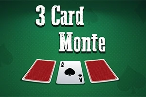 Yeşil bir arka plan üzerinde ortada kupa ası açık, iki yanındaki kartlar kapalı olarak duran iskambil kartları ve üstte 3 Card Monte yazısı