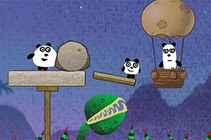 Panda karakterleri, bir taş parçası ve sıcak hava balonuyla birlikte renkli bir arka planda duruyor