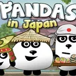 Üç panda geleneksel Japon kıyafetleri içinde, biri samuray miğferi, diğeri kasket ve üçüncüsü Japon yemekleri taşıyor