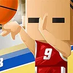 Küp şeklinde bir basketbol oyuncusu, kırmızı forma giyerek bir basketbol topunu potaya doğru atıyor