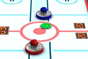 Mavi ve kırmızı paddleların ortasında yeşil disk bulunan hava hokeyi masası