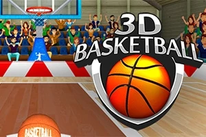 Basketbol sahasında potaya doğru atılmaya hazırlanan bir basketbol topu ve arka planda seyirciler ile 3D Basketball yazısı