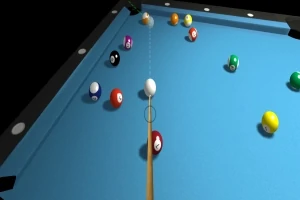 Bilardo masası üzerinde yer alan çeşitli renk ve numaralara sahip toplar ve bir isteka çubuğu