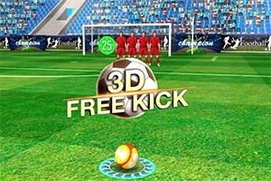 Yeşil çimler üzerinde 3D Free Kick yazısı, arka planda kırmızı formalı oyuncular ve kale ile birlikte bir futbol sahası