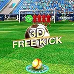 Yeşil çimler üzerinde 3D Free Kick yazısı, arka planda kırmızı formalı oyuncular ve kale ile birlikte bir futbol sahası