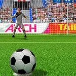 Yeşil sahada penaltı noktasının yakınında duran bir futbol topu ve arka planda kalecinin olduğu görüntü