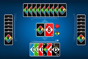 Mavi arka plan üzerinde farklı renk ve numaralardan oluşan kartların yer aldığı bir masa görüntüsü