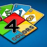 Renkli oyun kartlarının önünde 4 Colors yazısı bulunan bir logo