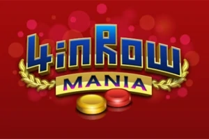 Kırmızı arka planda sarı ve kırmızı oyun taşları ile sarı yapraklarla süslenmiş mavi ve sarı renkte 4 in Row Mania yazısı