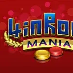 Kırmızı arka planda sarı ve kırmızı oyun taşları ile sarı yapraklarla süslenmiş mavi ve sarı renkte 4 in Row Mania yazısı