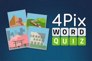 Bir arka planda, piramit, Çin Seddi, bir Japon kapısı ve Kolezyumun yer aldığı dört resim ile 4Pix Word Quiz yazısı