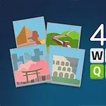 Bir arka planda, piramit, Çin Seddi, bir Japon kapısı ve Kolezyumun yer aldığı dört resim ile 4Pix Word Quiz yazısı