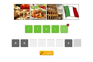 Pizza, makarna, Roma Kolezyumu ve İtalya bayrağının bulunduğu karelerin altında ITALY kelimesi yazılı