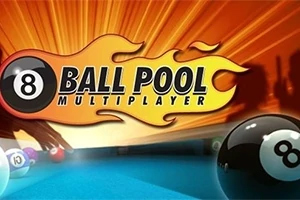 8 Ball Pool Multiplayer Bilardo masasında 8 numaralı top ve alevli bir yazı ile hareketli bir arka plan