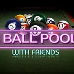Yeşil bir bilardo masası üzerinde renkli bilardo topları ve 8 Ball Pool With Friends yazısı