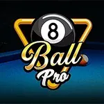 Bilardo masasının üstünde duran renkli bilardo topları ve 8 Ball Pro yazılı bir logo