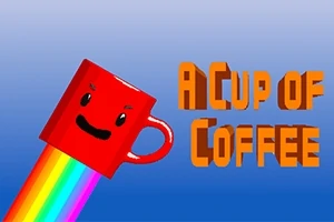 Kırmızı bir fincan gökkuşağı şeklinde ışın yayarken, yanında A Cup of Coffee yazısı bulunuyor
