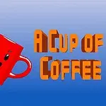 Kırmızı bir fincan gökkuşağı şeklinde ışın yayarken, yanında A Cup of Coffee yazısı bulunuyor