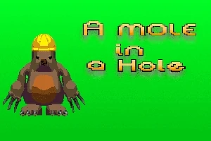 Yeşil bir arka plan üzerinde sarı baret takan bir köstebek ve A Mole in a Hole yazısı