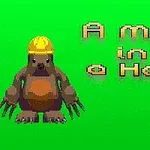 Yeşil bir arka plan üzerinde sarı baret takan bir köstebek ve A Mole in a Hole yazısı