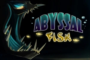 Karanlık bir arka planda sivri dişli büyük bir balık ağzı ve Abyssal Fish yazısı