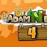 Turuncu arka planda, bulutların üzerinde çizgi karakterler ve büyük harflerle Adam ve Eve 4 yazısı bulunan ahşap tabela