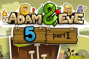 Sağ üstte bir kuş ve elma, solda ateşli bir kuru kafa, ortada yaprak ve büyük yeşil bir & işareti ile Adam & Eve başlığı ve altında ahşap tabelada 5 part I