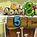 Sağ üstte bir kuş ve elma, solda ateşli bir kuru kafa, ortada yaprak ve büyük yeşil bir & işareti ile Adam & Eve başlığı ve altında ahşap tabelada 5 part I