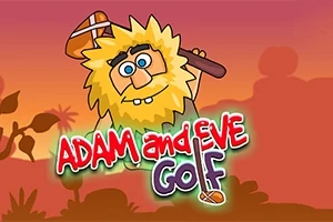 Kırmızı metinle yazılmış Adam and Eve Golf yazısının üstünde golf sopası tutan, sarı saçlı ve sakallı bir çizgi karakter
