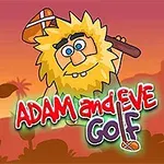 Kırmızı metinle yazılmış Adam and Eve Golf yazısının üstünde golf sopası tutan, sarı saçlı ve sakallı bir çizgi karakter