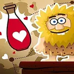 Sarı saçlı ve sakallı çizgi karakter ile yanında kalp şeklinde iksirin bulunduğu renkli bir illüstrasyon