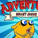 Sarı renkte komik bir karakter, mavi bir arka plan önünde, üst kısmında Adventure Bullet Jakke yazısı ile