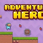 Yazılı ADVENTURE HERO başlığı altında, fütüristik kıyafetli mavi bir karakter, çilekler ve sivri uçlu bir engelin bulunduğu, bloklu platformların yer aldığı piksel tarzı oyun grafikleri