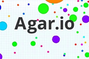 Agar.io Beyaz bir arka plan üzerinde çeşitli boyutlarda ve renklerde yuvarlak şekiller ve ortasında büyük harfle yazılmış Agar